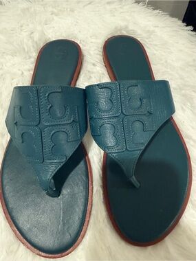 Tory Burch Teal Leather Toe-Post Sandals with Signature Logo